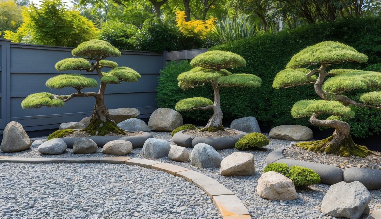 A serene Zen garden with carefully arranged rocks, raked gravel, and perfectly pruned bonsai trees, symbolizing balance and harmony
