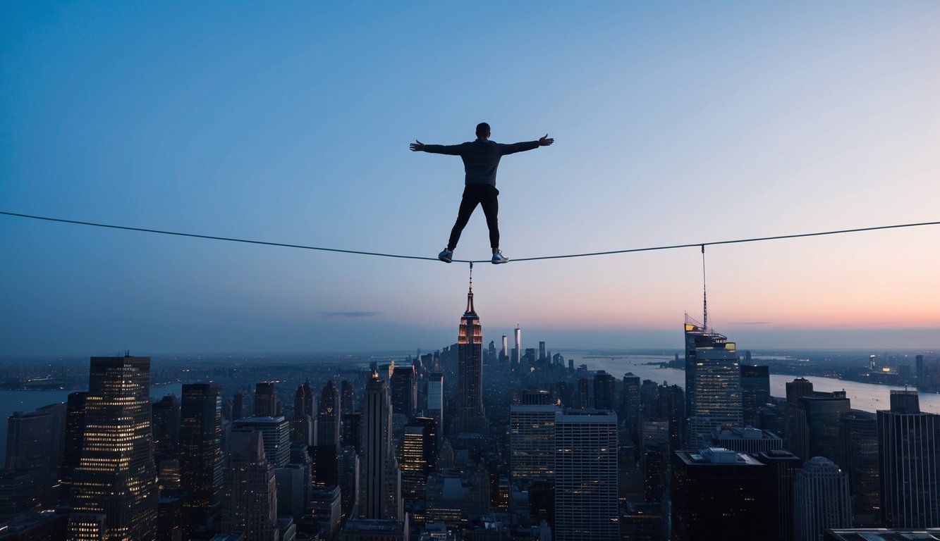 A lone figure teeters on a tightrope, arms outstretched, high above a city skyline at dusk