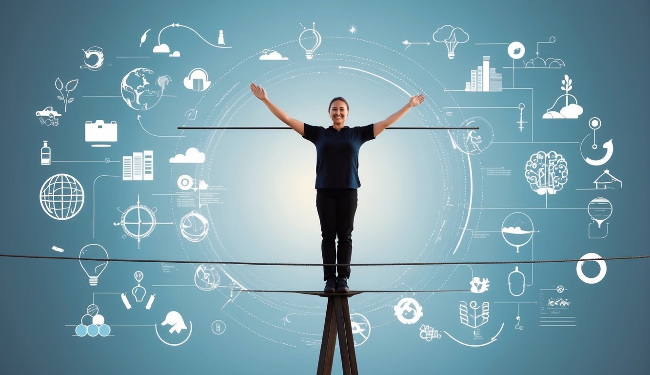 A person standing on a tightrope, carefully maintaining balance while surrounded by various elements representing different aspects of life