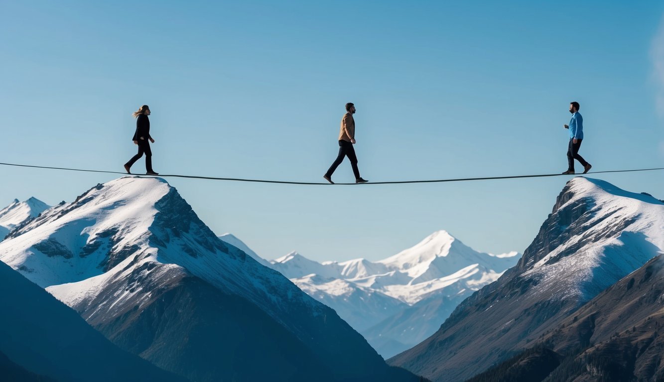 A person walking a tightrope between two mountains, with one side representing work and the other representing life, maintaining balance