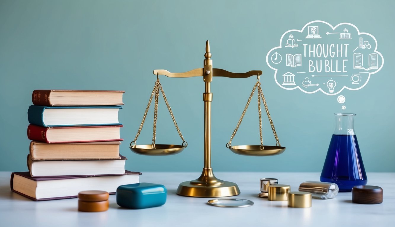 A serene scene of a scale with books on one side and a thought bubble on the other, surrounded by various objects symbolizing balance and stability