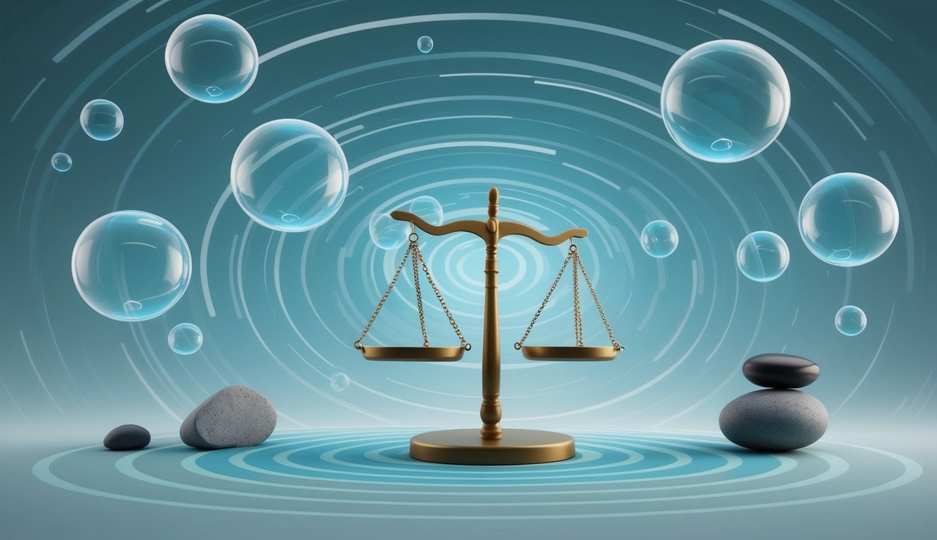 A collection of balancing objects, such as rocks, scales, and floating bubbles, surrounded by swirling patterns representing the unexpected and transformation
