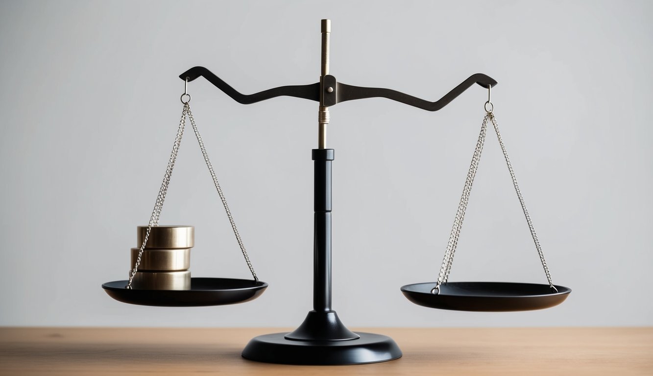 A scale with a heavy object on one side and a lighter object on the other, perfectly balanced