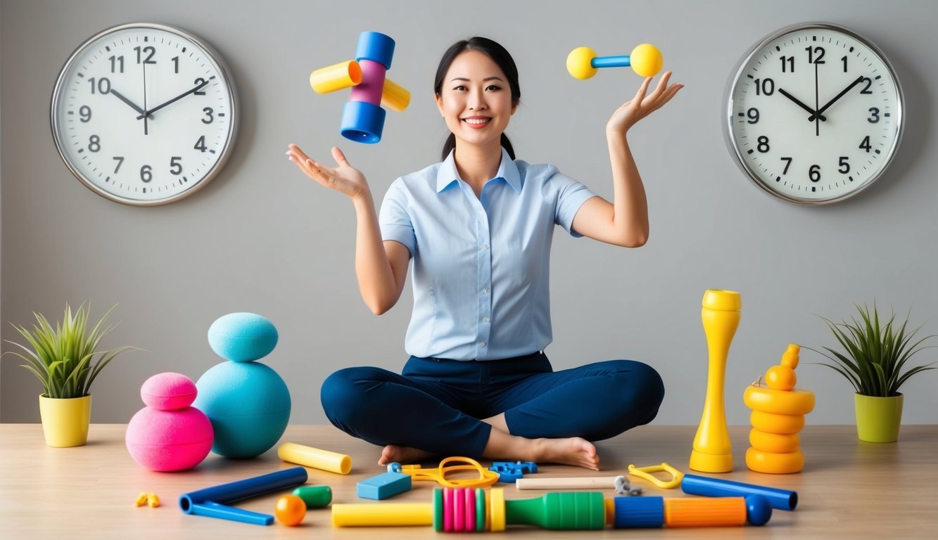 A person juggling work tools and toys, with a clock showing both work hours and leisure time, surrounded by symbols of relaxation and productivity