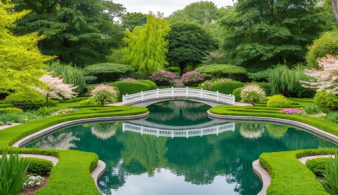 A serene, symmetrical garden with a tranquil pond and a bridge, surrounded by lush greenery and blooming flowers, symbolizing the importance of balance in life