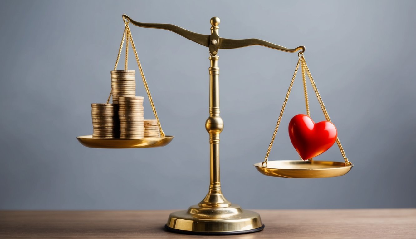 A scale with a stack of coins on one side and a heart on the other, symbolizing the balance between success and happiness