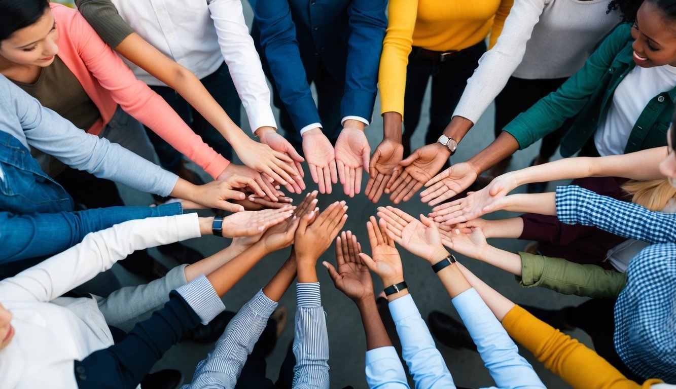 A diverse group of people standing in a circle, each person holding a different object symbolizing empathy, such as a heart, a helping hand, or a listening ear