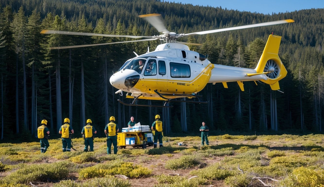 A helicopter landing in a clearing surrounded by dense forest, with medical supplies being unloaded and a team of responders preparing to assist