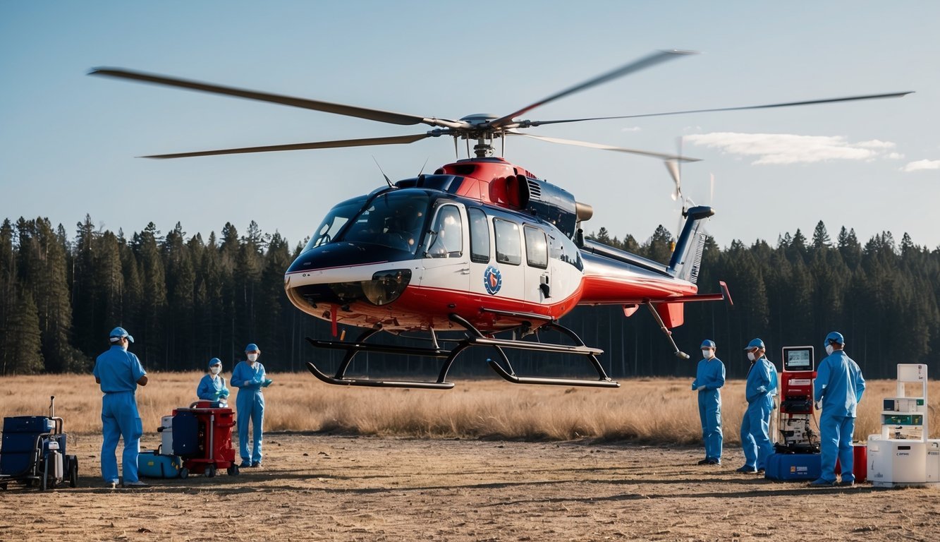 A helicopter landing in a clearing, surrounded by medical personnel and equipment