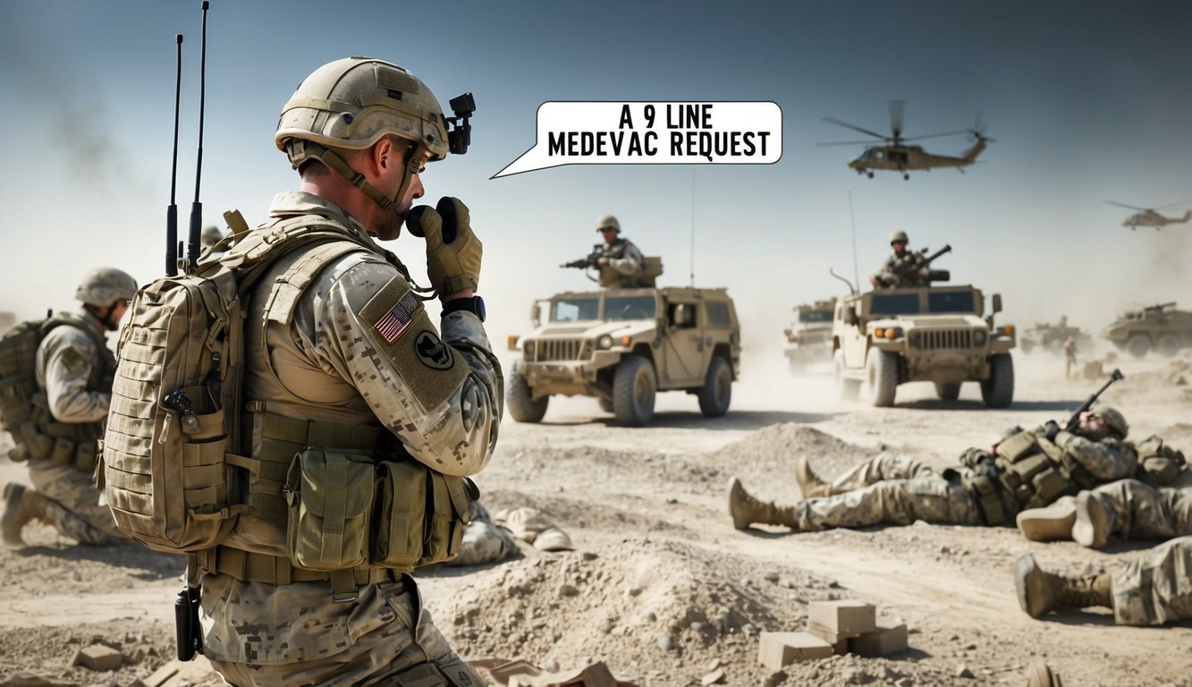 A soldier radios in a 9 Line MEDEVAC request amidst a chaotic battlefield, with injured comrades and vehicles in the background
