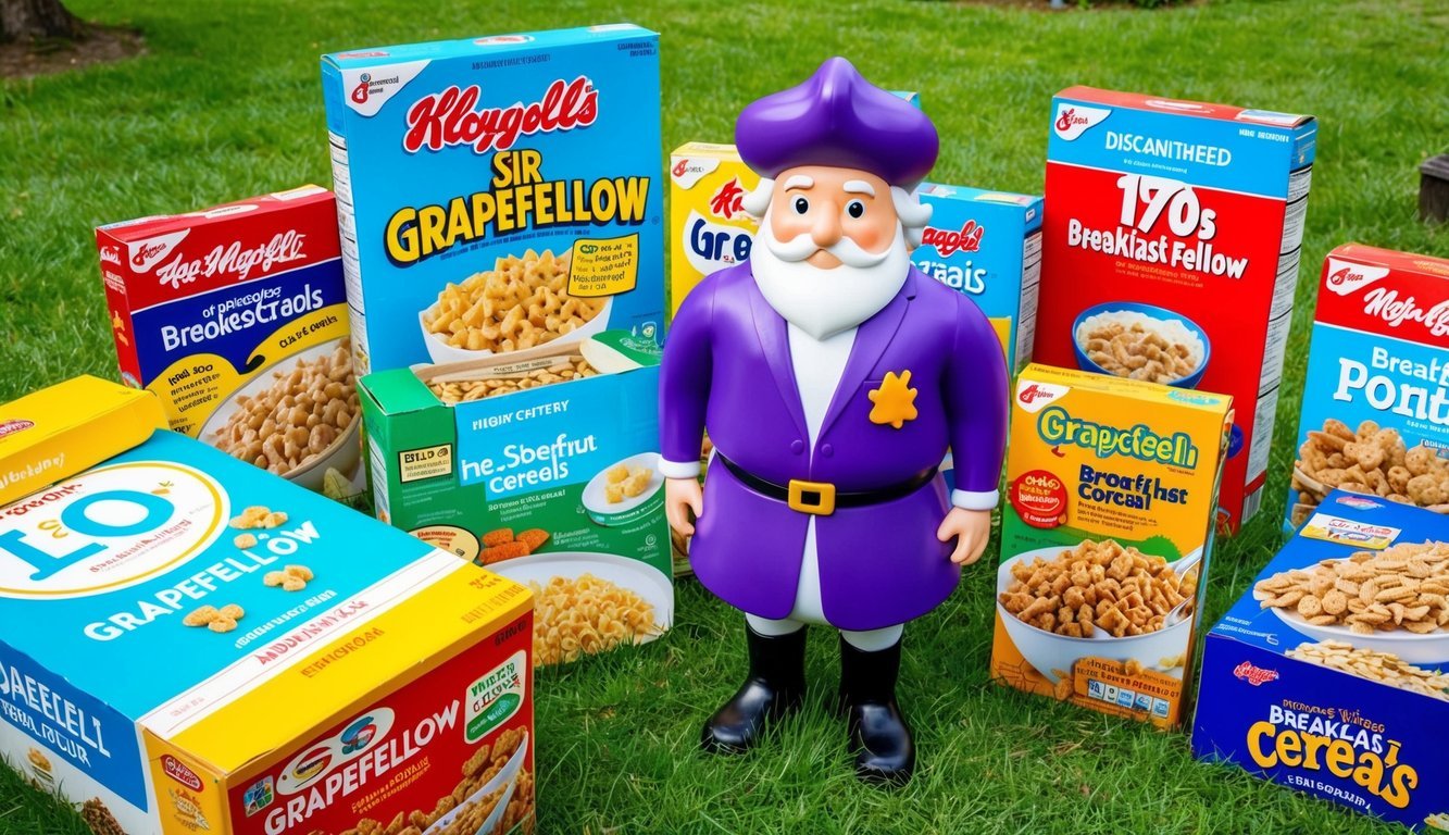 A colorful cereal box graveyard, with Sir Grapefellow presiding over 10 discontinued 1970s breakfast cereals, each with its own unique vintage packaging