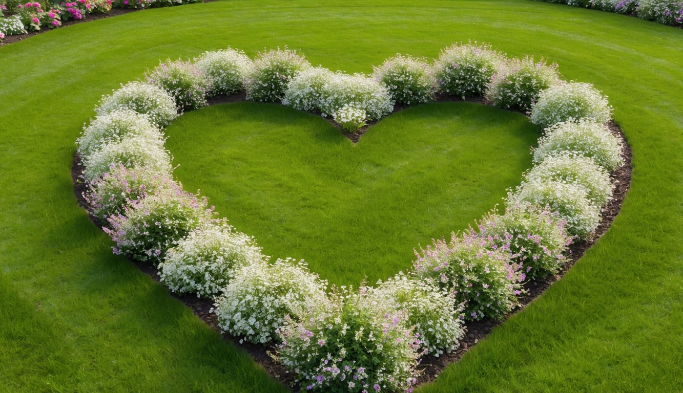 A heart-shaped garden with blooming flowers and a gentle breeze spreading seeds of kindness