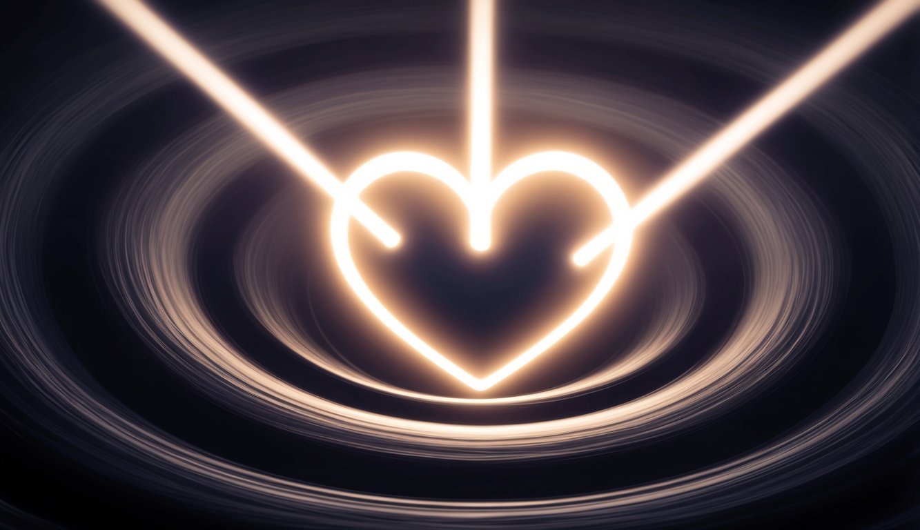 A bright, glowing heart surrounded by swirling darkness, with beams of light breaking through to envelop the heart in warmth and love
