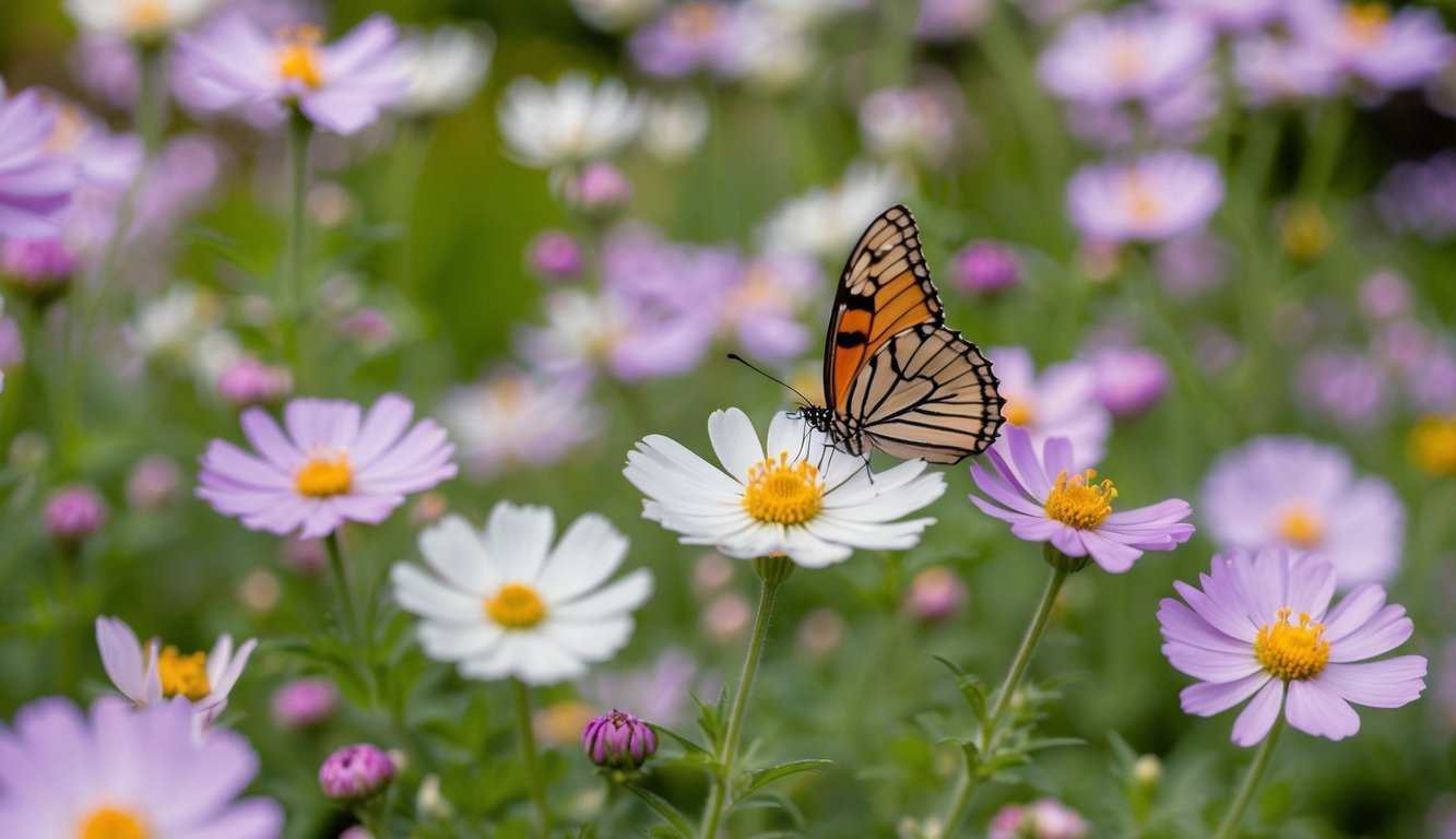 A garden filled with blooming flowers, where a butterfly gently rests on a delicate petal