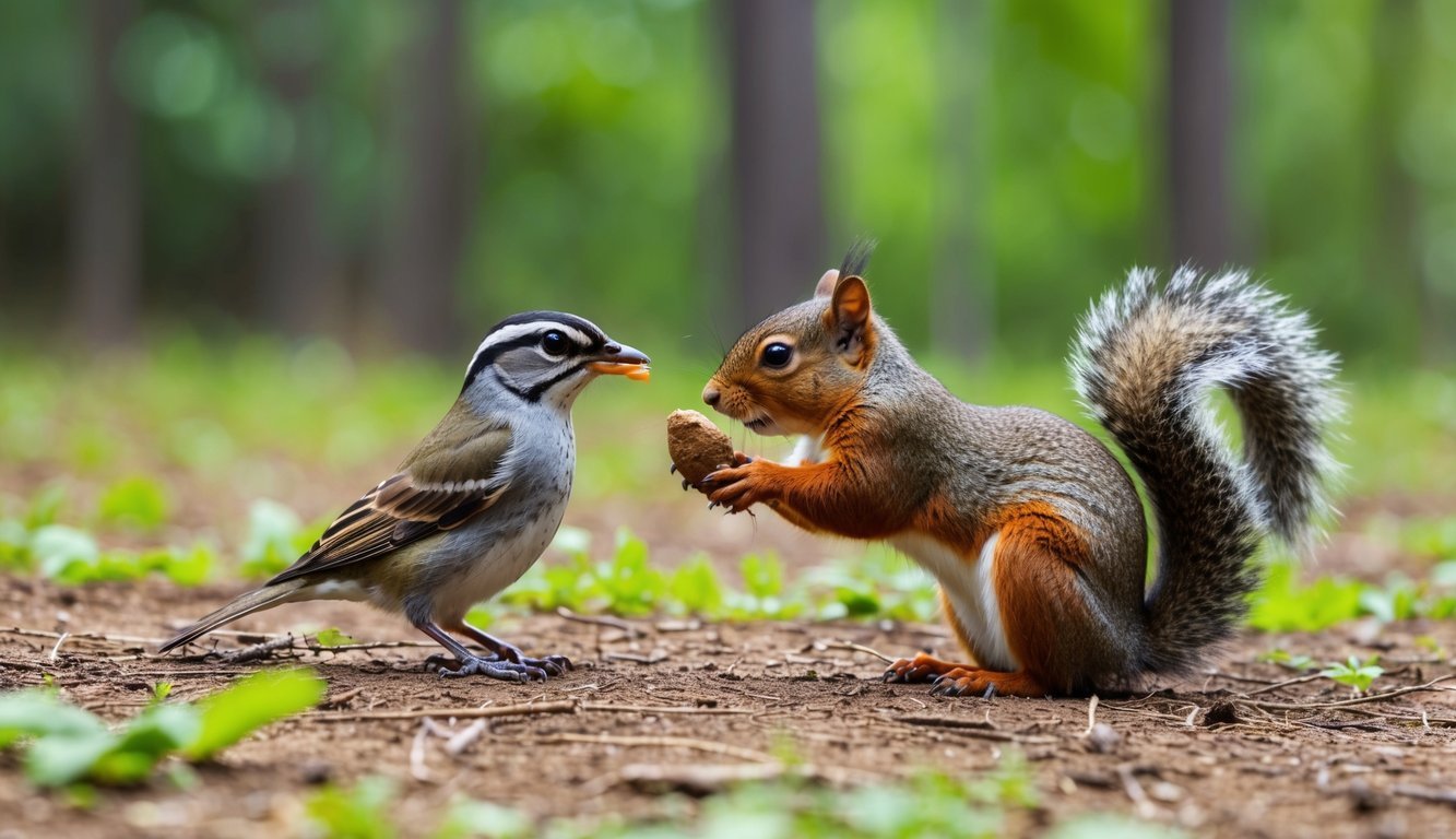 A small bird feeding a hungry squirrel in a peaceful forest clearing