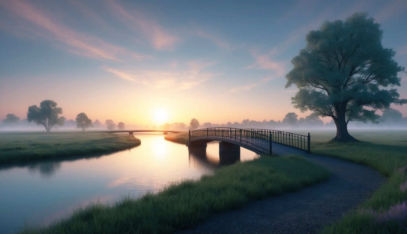 A serene, ethereal landscape with a glowing sunset, a peaceful river, and a bridge leading to an unknown realm