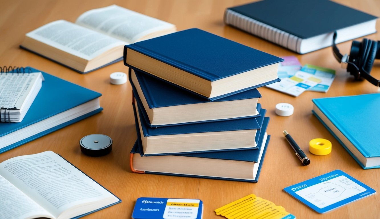 A stack of seven open books surrounded by various language learning materials, including dictionaries, flashcards, and audio recordings