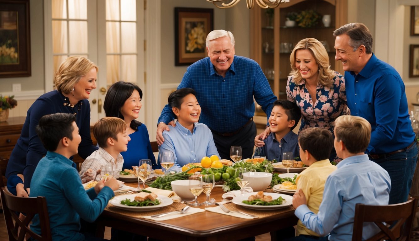 A family gathered around a dinner table, sharing laughter and tears as they say their goodbyes in the emotional finale of "Family Ties."