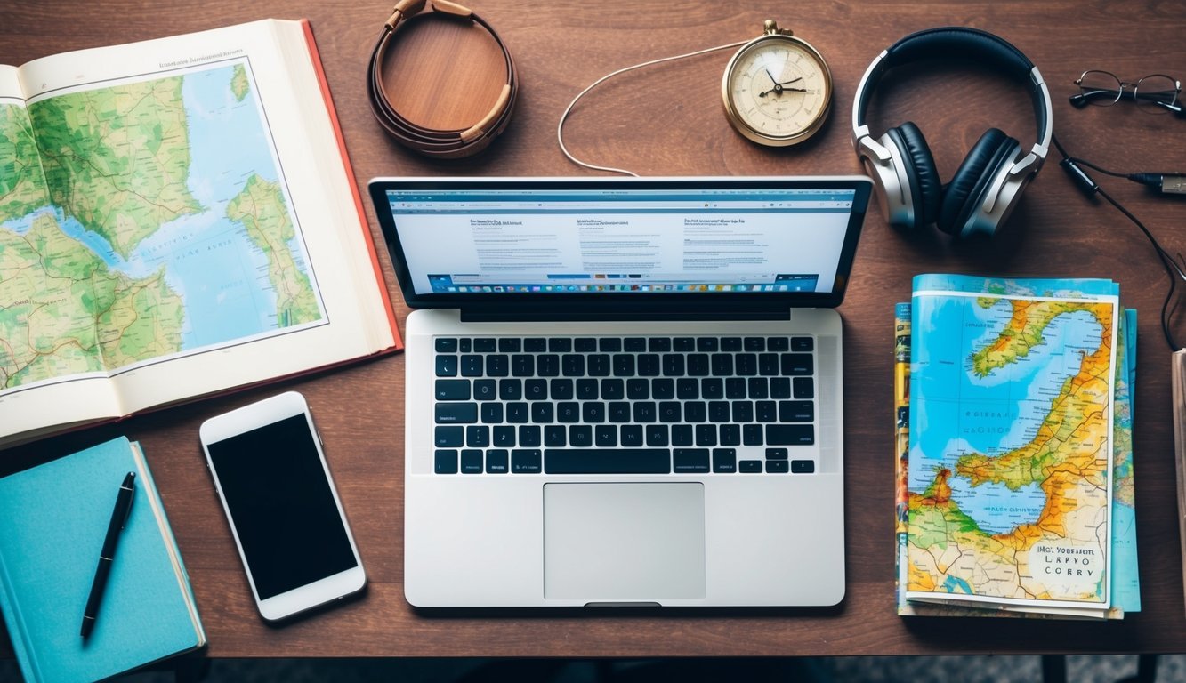 A laptop surrounded by books, maps, and headphones in a cozy study corner