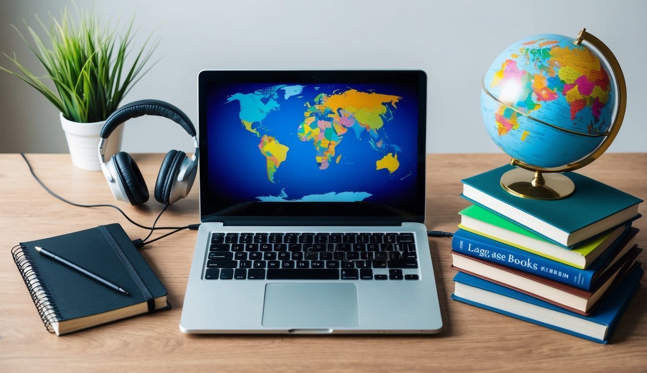An open laptop surrounded by headphones, a notebook, and a globe.</p><p>Seven language books are stacked nearby