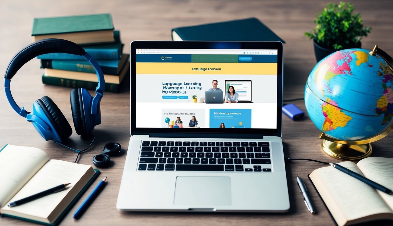 A laptop surrounded by headphones, books, and globes, with language learning websites open on the screen