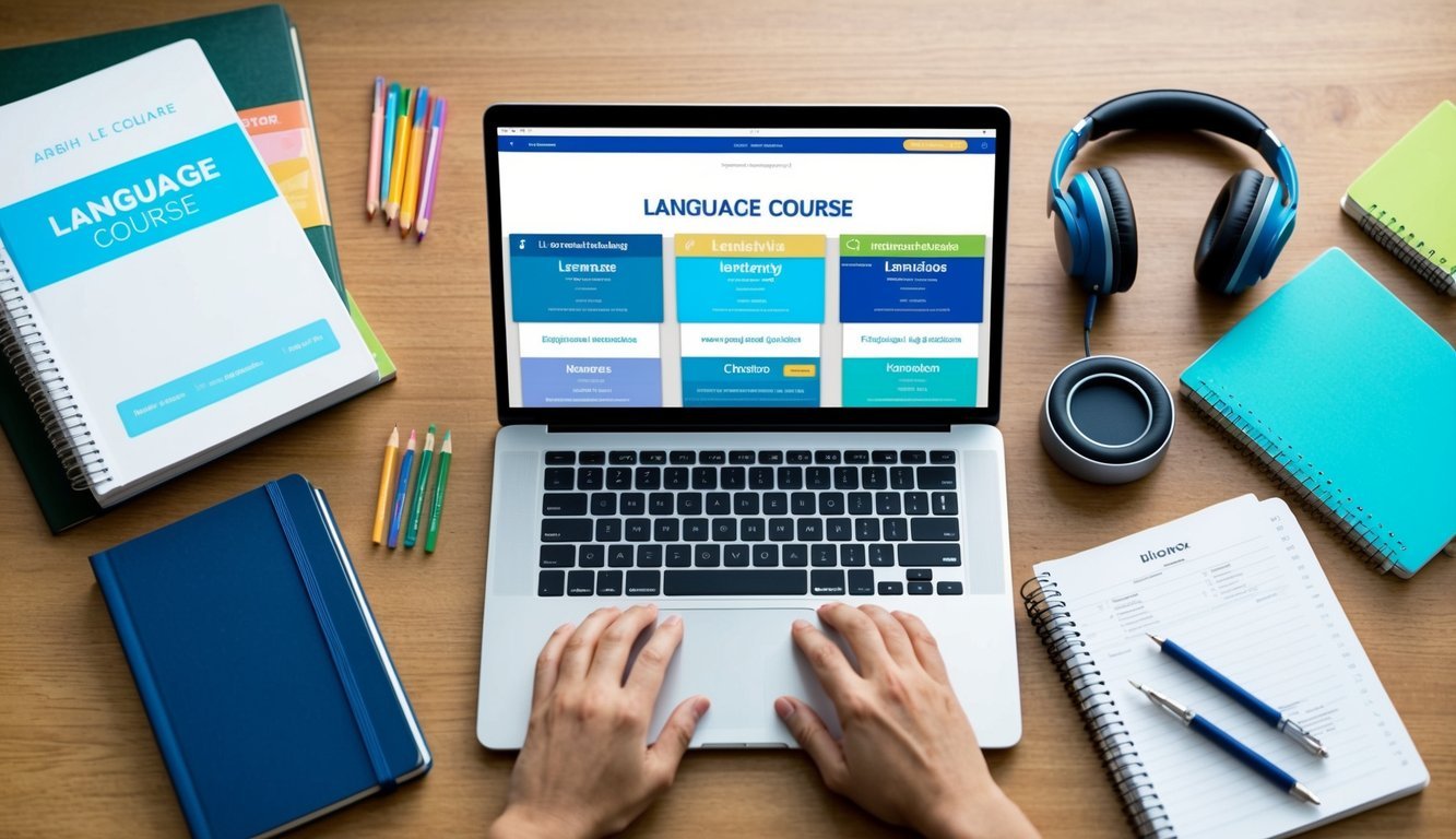 A laptop with language course tabs open, surrounded by language dictionaries, notebooks, and headphones on a desk
