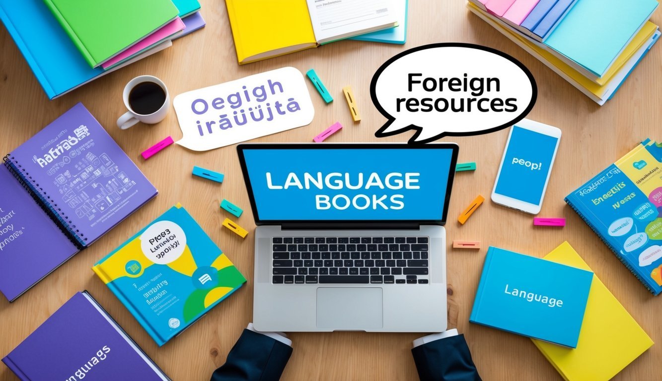 A laptop surrounded by colorful language books and online resources.</p><p>A speech bubble with various foreign words hovers above