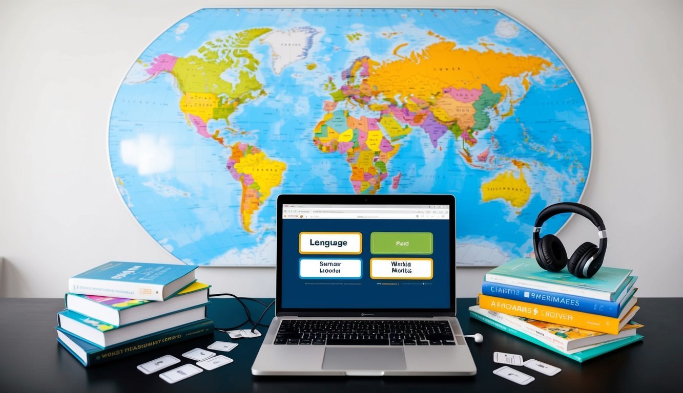 A laptop surrounded by language books, flashcards, and headphones, with a world map on the wall