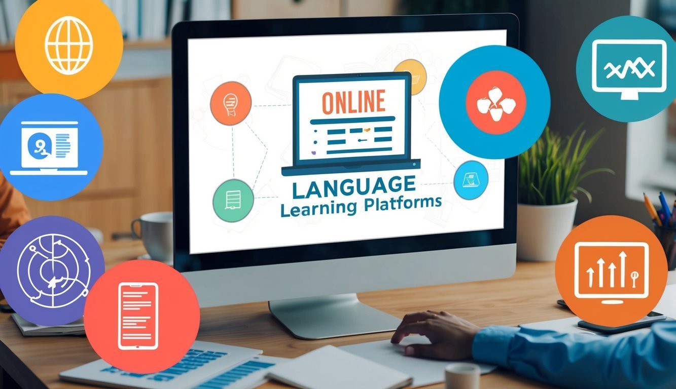 A computer screen surrounded by seven colorful icons representing different online language learning platforms
