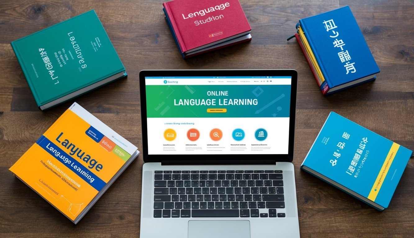 A laptop surrounded by seven different language textbooks and online language learning websites