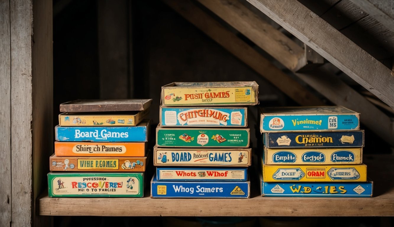 A group of dusty, vintage board games sit on a shelf in an old, dimly lit attic, waiting to be rediscovered and brought back to life