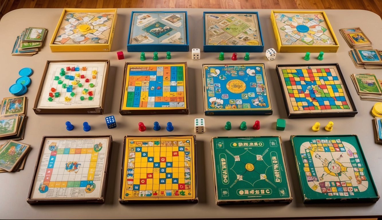 A table with 8 vintage board games arranged in a neat row, surrounded by colorful game pieces and dice.</p><p>The games look well-loved but still in good condition