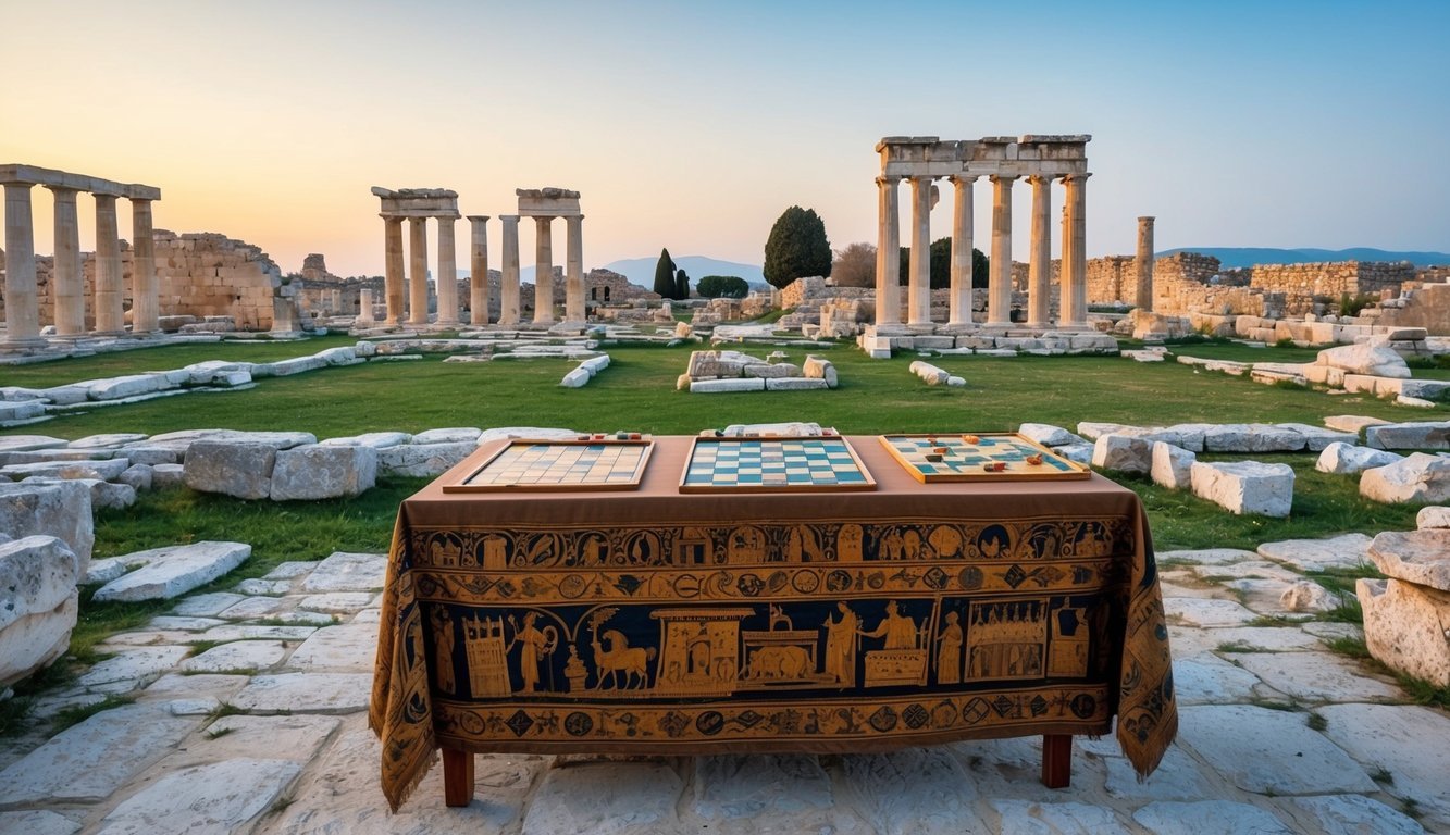 A table covered in ancient board games, surrounded by ruins of Magna Grecia