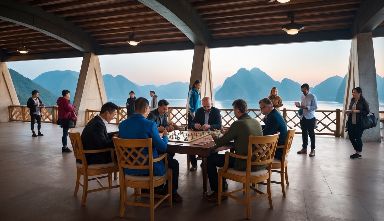 A group of people gather around a table, playing forgotten board games under the iconic Bridges of Shangri-La