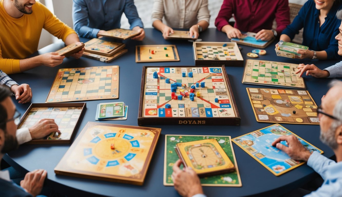 A group of vintage board games arranged on a table, surrounded by eager players