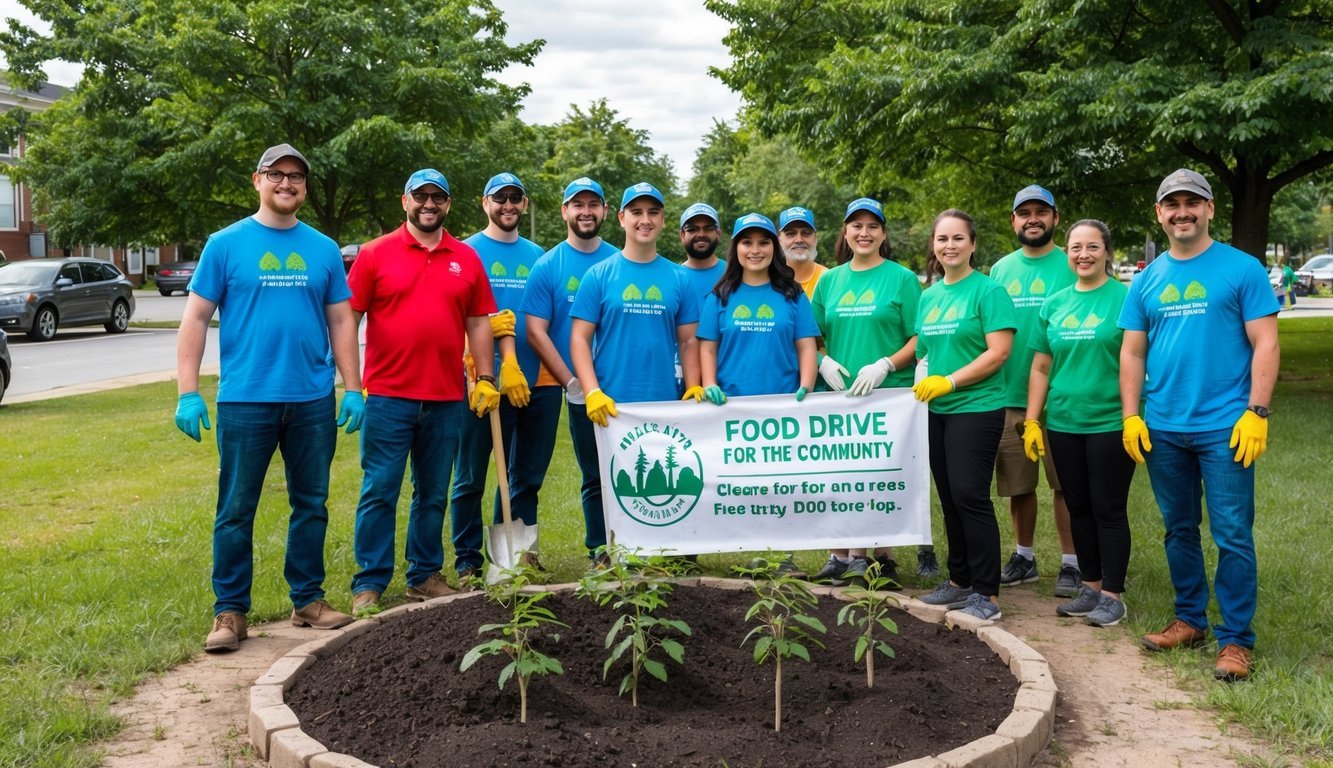 A group of people working together to clean up a local park, plant trees, and organize a food drive for the community
