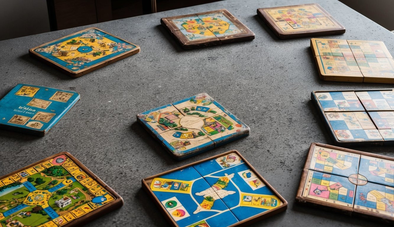 A table covered in dust, with eight vintage board games scattered across it.</p><p>The games have colorful and intricate designs, hinting at the fun they once provided