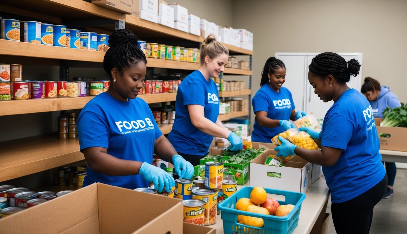 A group of volunteers sorting and packing food donations at a local food bank, with shelves filled with canned goods and boxes of produce