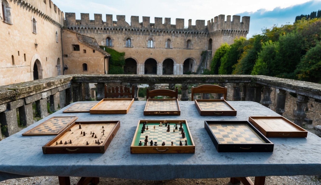 A table covered in dust, with eight ancient board games scattered across, overlooked by the imposing walls of Castello Methoni