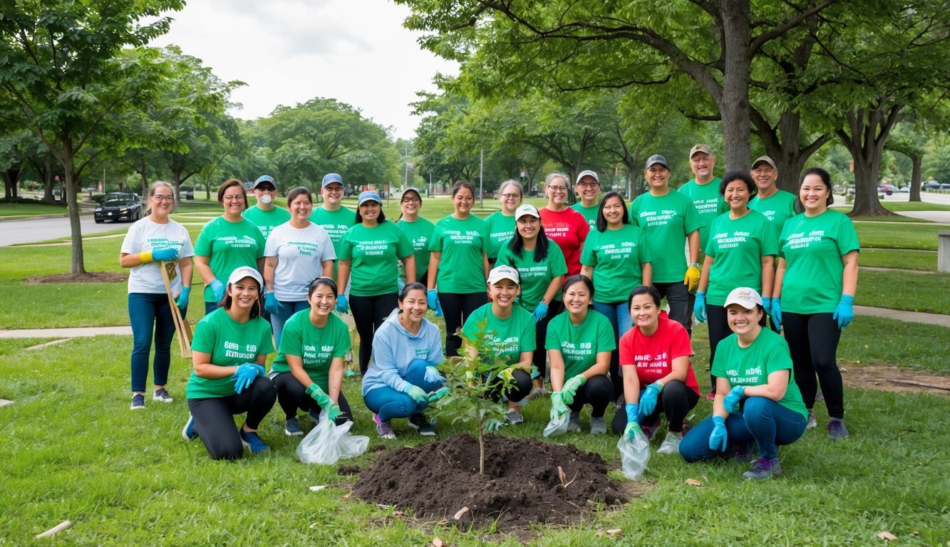 A group of volunteers gather to clean up a park, picking up litter and debris, planting trees, and beautifying the area