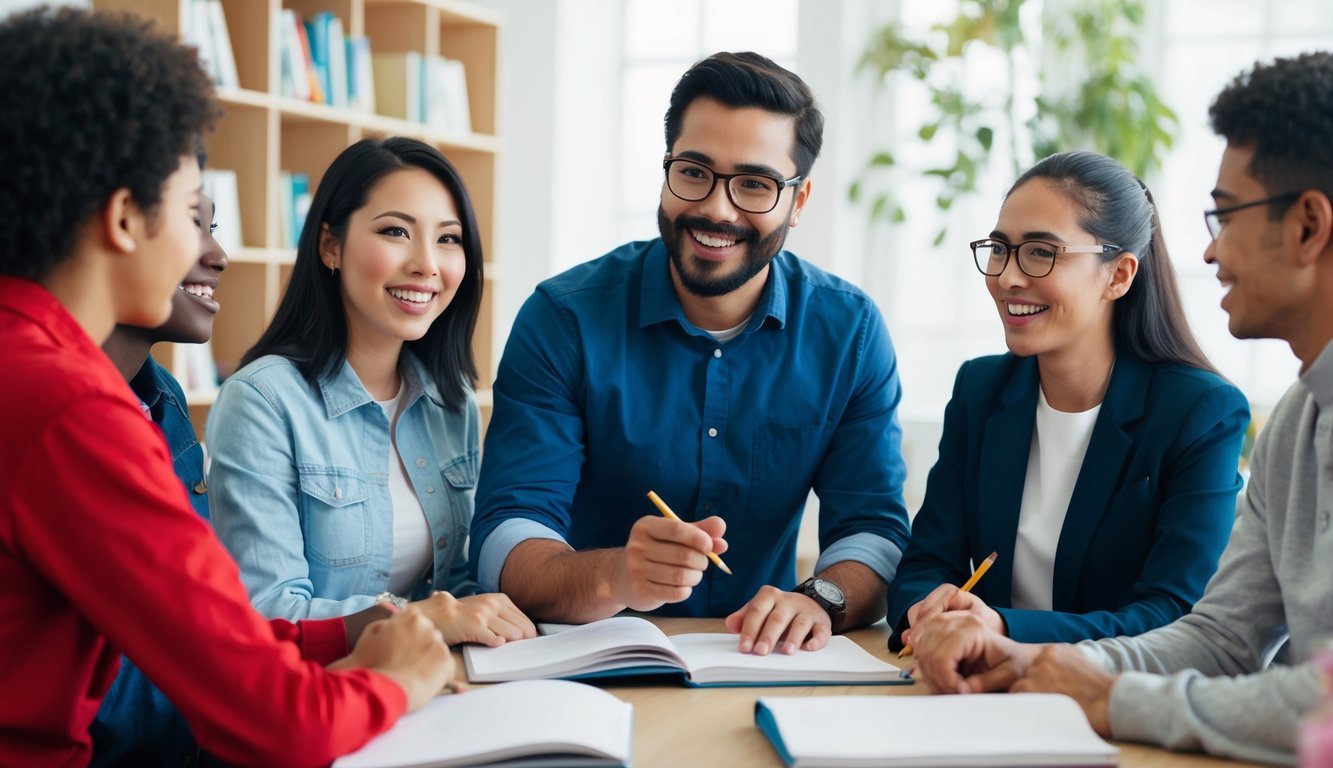 A tutor surrounded by eager students, teaching and guiding them in a welcoming community space