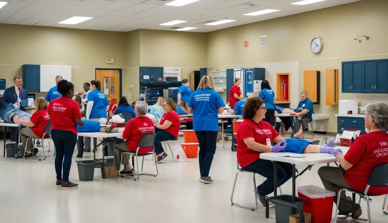 A bustling community center with volunteers and donors at a blood drive