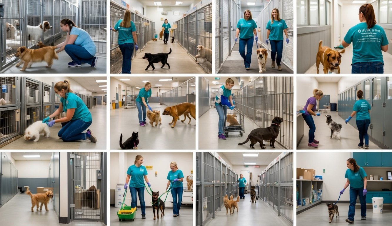 Volunteers cleaning animal kennels, feeding and walking dogs, playing with cats, assisting with adoptions, organizing donations, and helping with administrative tasks at a busy animal shelter