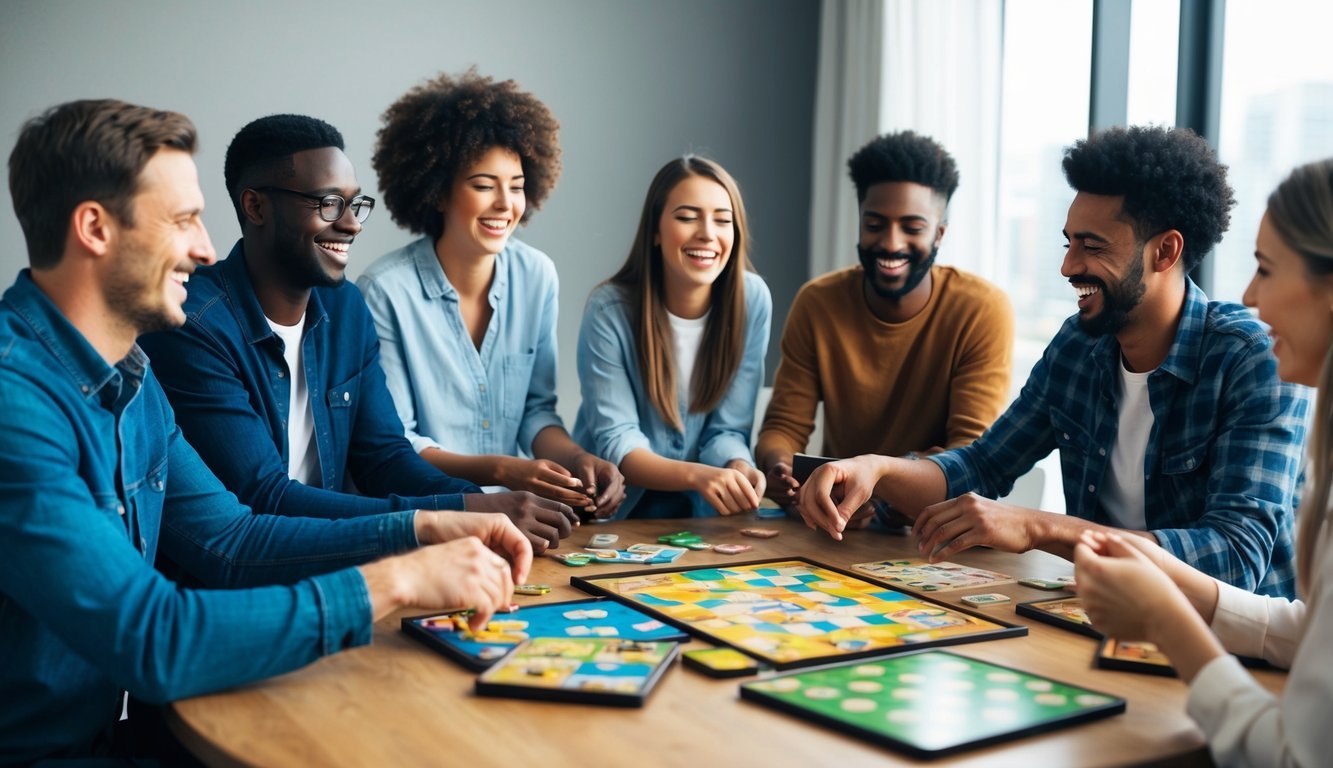 A group of people gathered around a table, laughing and enjoying themselves as they play a variety of forgotten board games