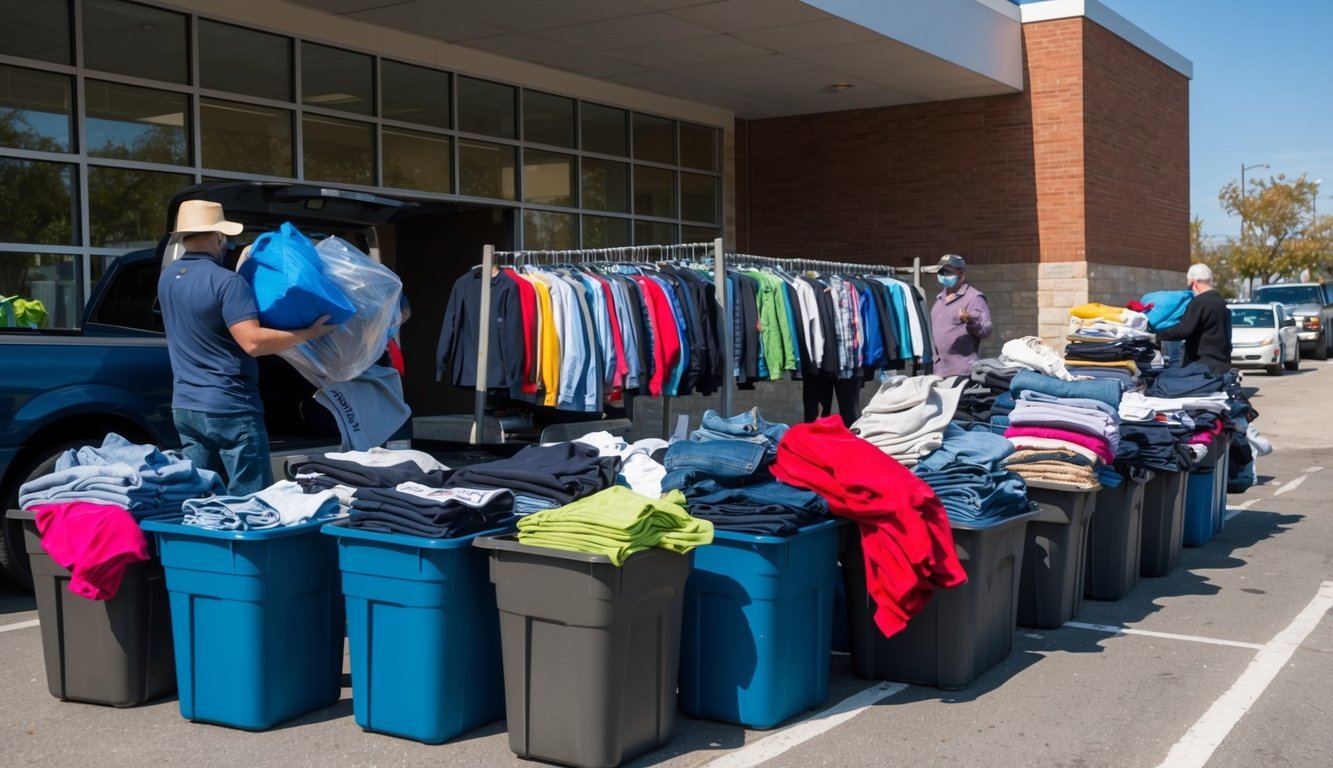 A collection of clothing items being dropped off at a designated location for a clothing drive to help those in need in the community