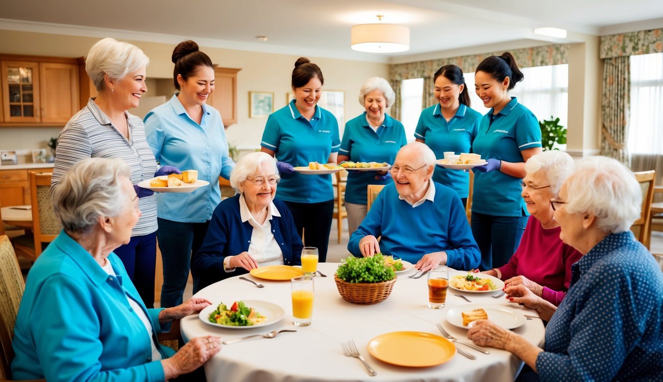 A group of volunteers engage with elderly residents, serving meals, playing games, and chatting in a cozy retirement home setting