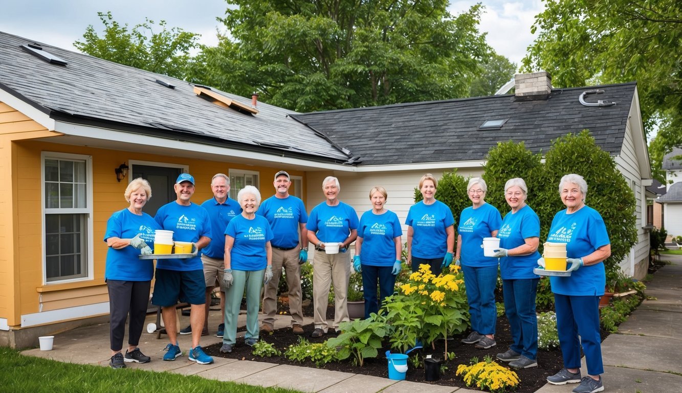 A group of volunteers painting a house, fixing a leaky roof, and tending to the garden for their elderly neighbors