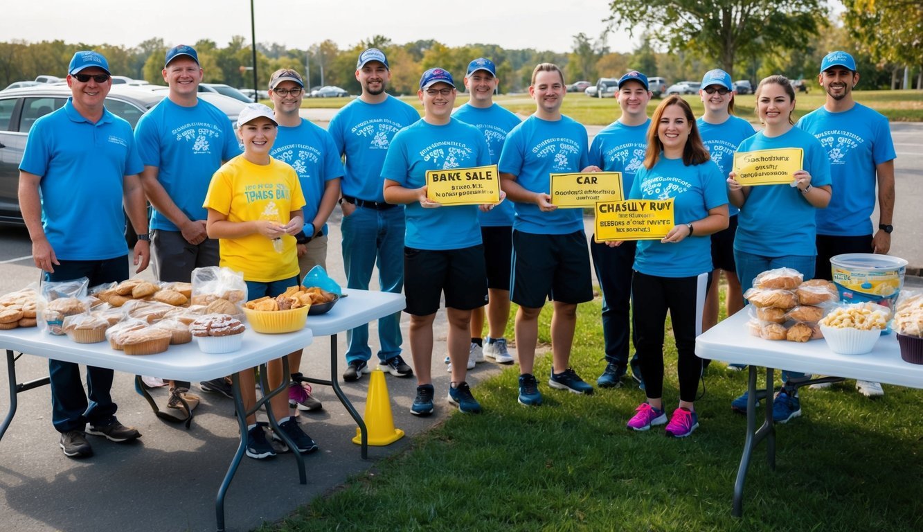 A group of people organizing various activities such as a bake sale, car wash, and charity run to raise funds for community service projects