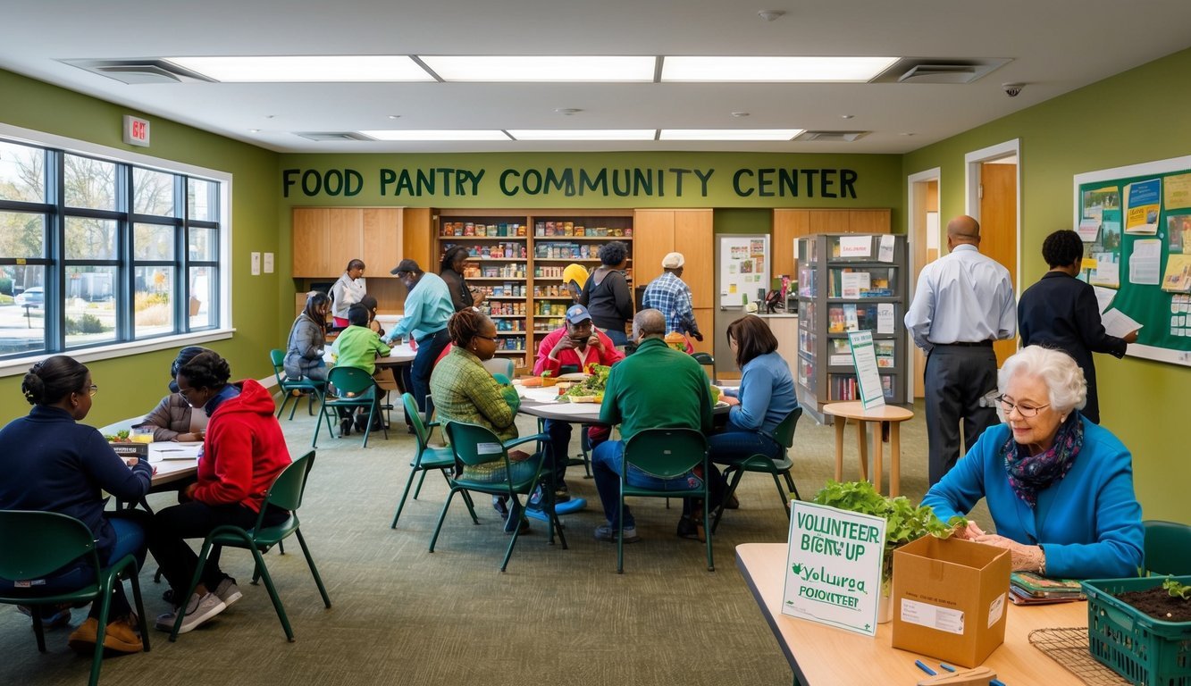A bustling community center with a food pantry, library, and volunteer sign-up area.</p><p>People of all ages engage in various activities, from tutoring to gardening