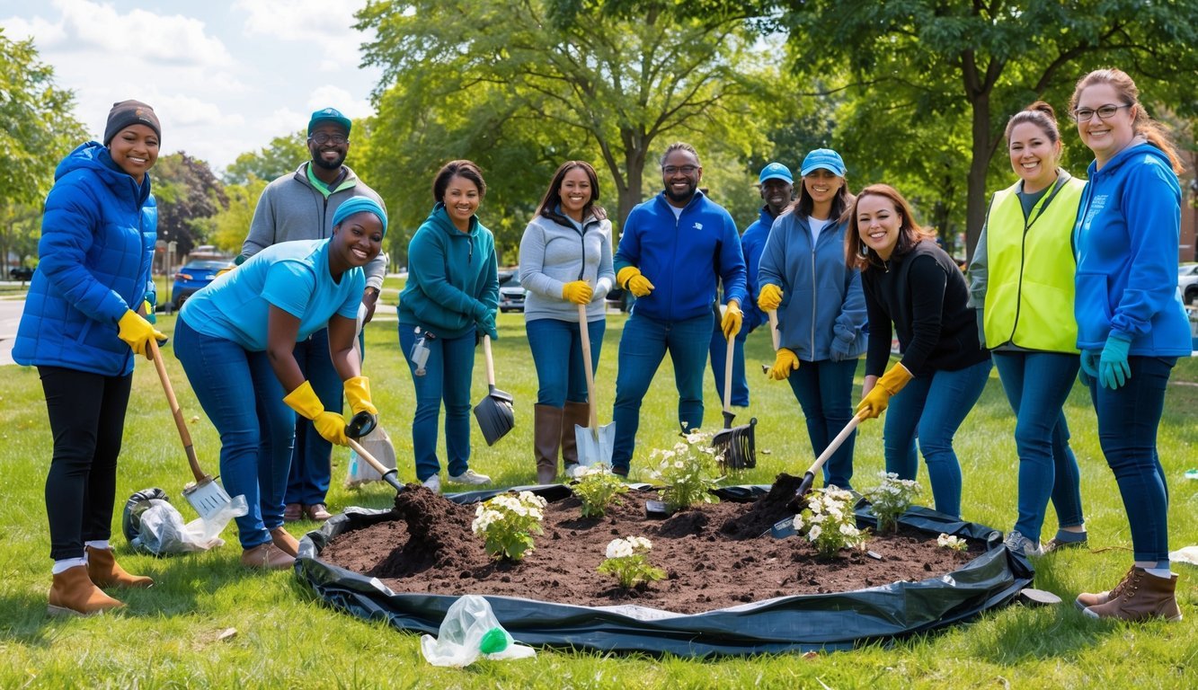 A group of diverse individuals working together to clean up a local park, planting flowers and picking up trash, while smiling and chatting with each other